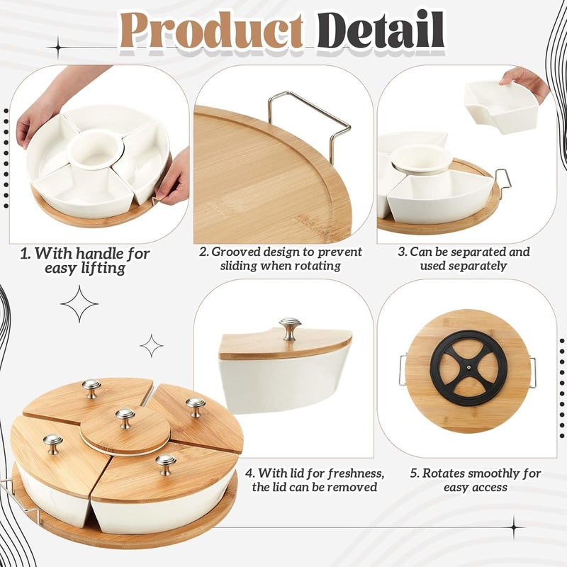 Rtteri 360° Rotatable Lazy Susan Serving Tray with Bowls 11.4'' Chip and Dip Serving Set, 5 Removable Compartment Divided Serving Dishes Ceramic Porcelain Taco Bar Platters and Trays for Party - Image 4